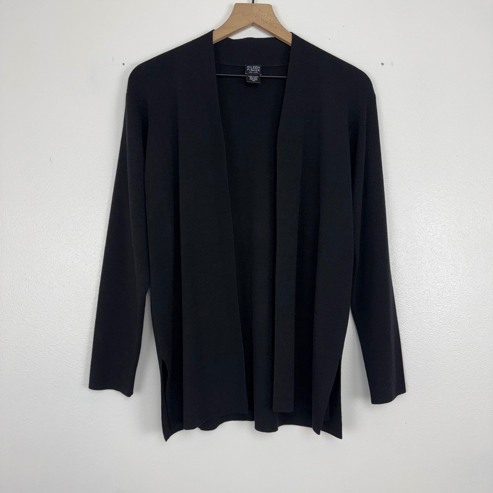 Eileen Fisher 100% Wool Cardigan Women M Petite Black Open Front Minimalist
